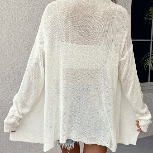 White Casual Women's Solid Color Loose Drop Shoulder See Through Cardigan - Picture 2 of 6